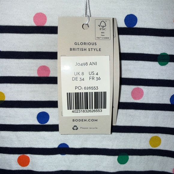 NWT Boden Breton Stripe Polka Dot Long Sleeve Top - Picture 7 of 13